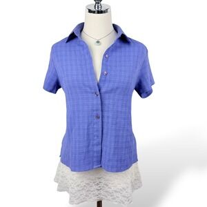 2000s Y2K Womens S Purple Ribbed Button Up Top Short Sleeve Fitted Retro Layer